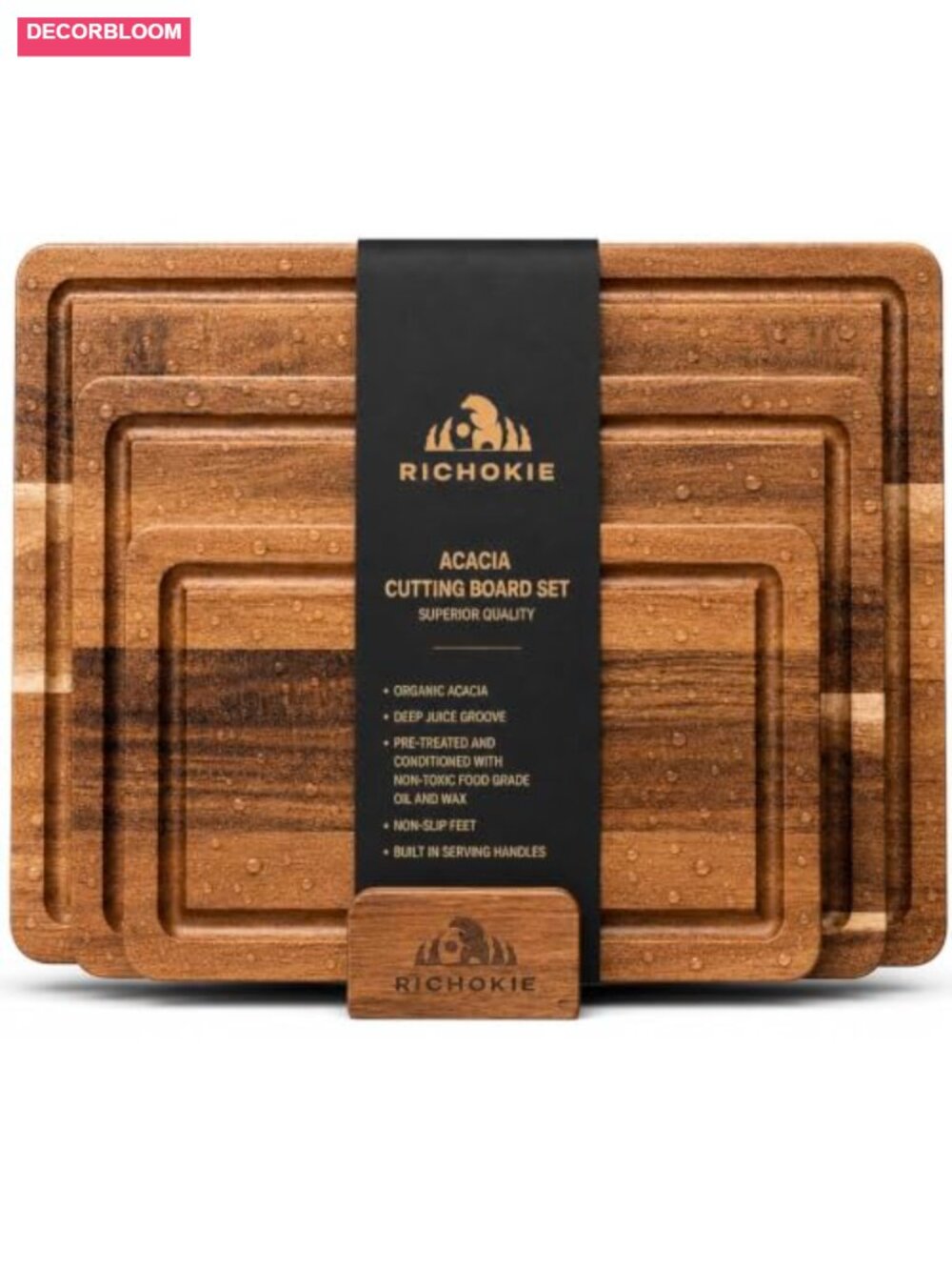 3pc Acacia Wood Cutting Board Set with Stand & Juice Grooves